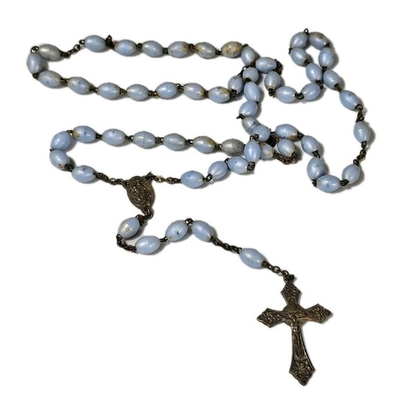 Vintage Light Blue Rosary Beads with Ornate Brass Crucifix & Mary Centerpiece - Picture 1 of 12